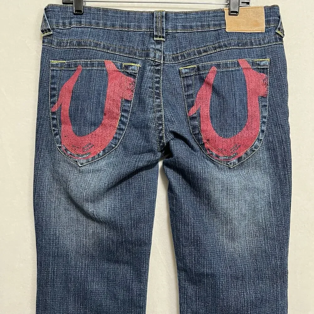 True Religion Jeans Size 31 Blue Denim Painted Red Horseshoe Logo Medium Wash